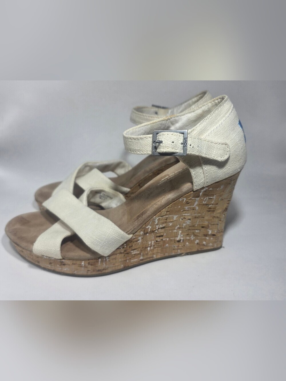 TOMS Women's Wedge Sandals Size 8.5 White Canvas Cork Heel Ankle Strap - Picture 5 of 9